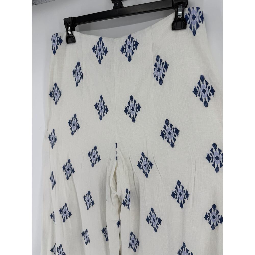 Alex Marie White Blue Linen Blend Geometric Cropped Wide Leg Pants Size 12/14 - Picture 7 of 8
